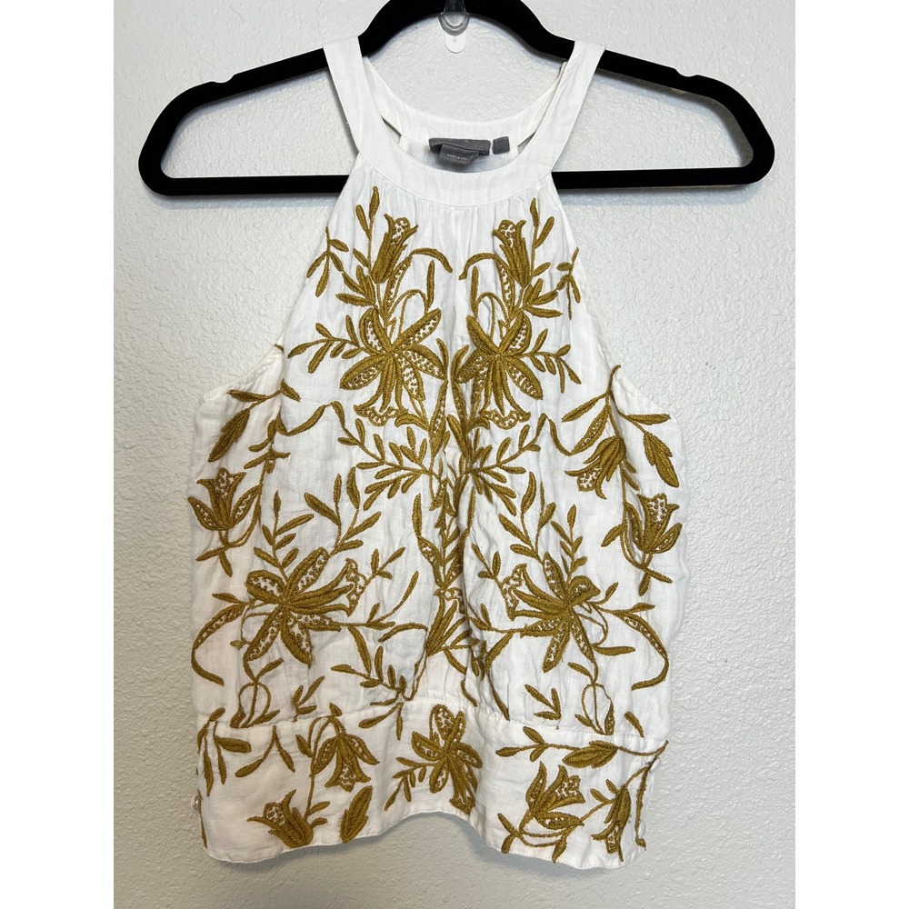 Vanessa Virginia Anthropologie Embroidered Linen Halter Top White Gold Size 4